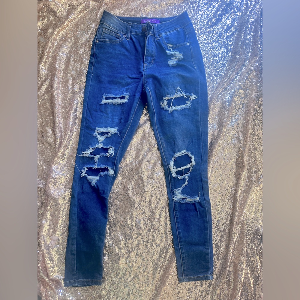 BAMBOO Distressed medium wash Blue Skinny Jeans sz 1